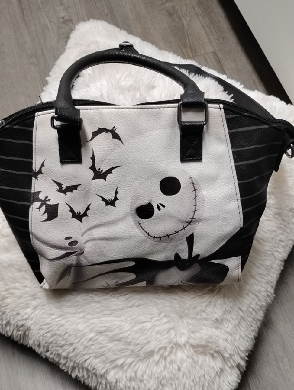 Black & White Halloween Satchel Bag with Bat Graphic MD 14/10.5